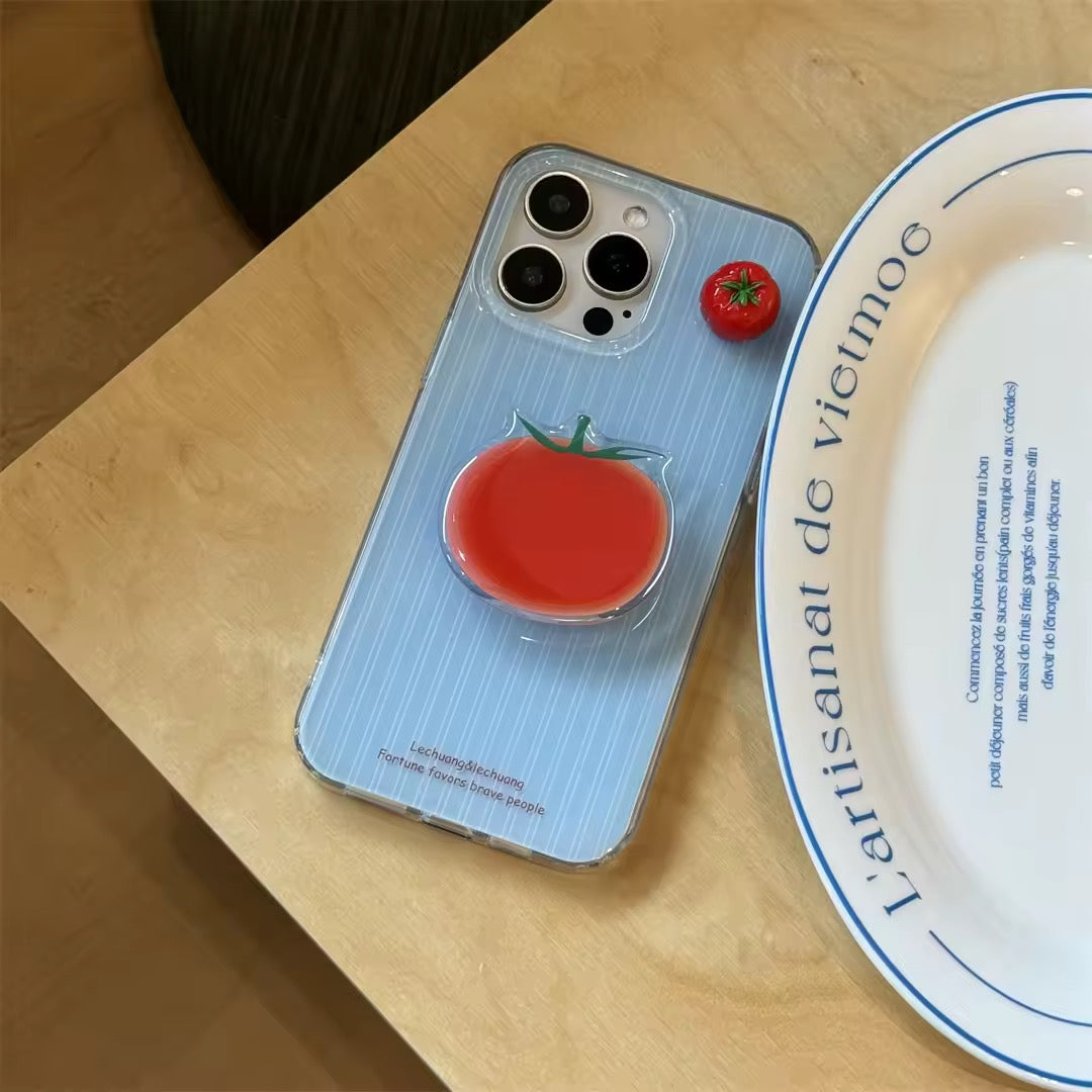 Blue stripe iPhone case with 3D tomato GripTok on clear silicone