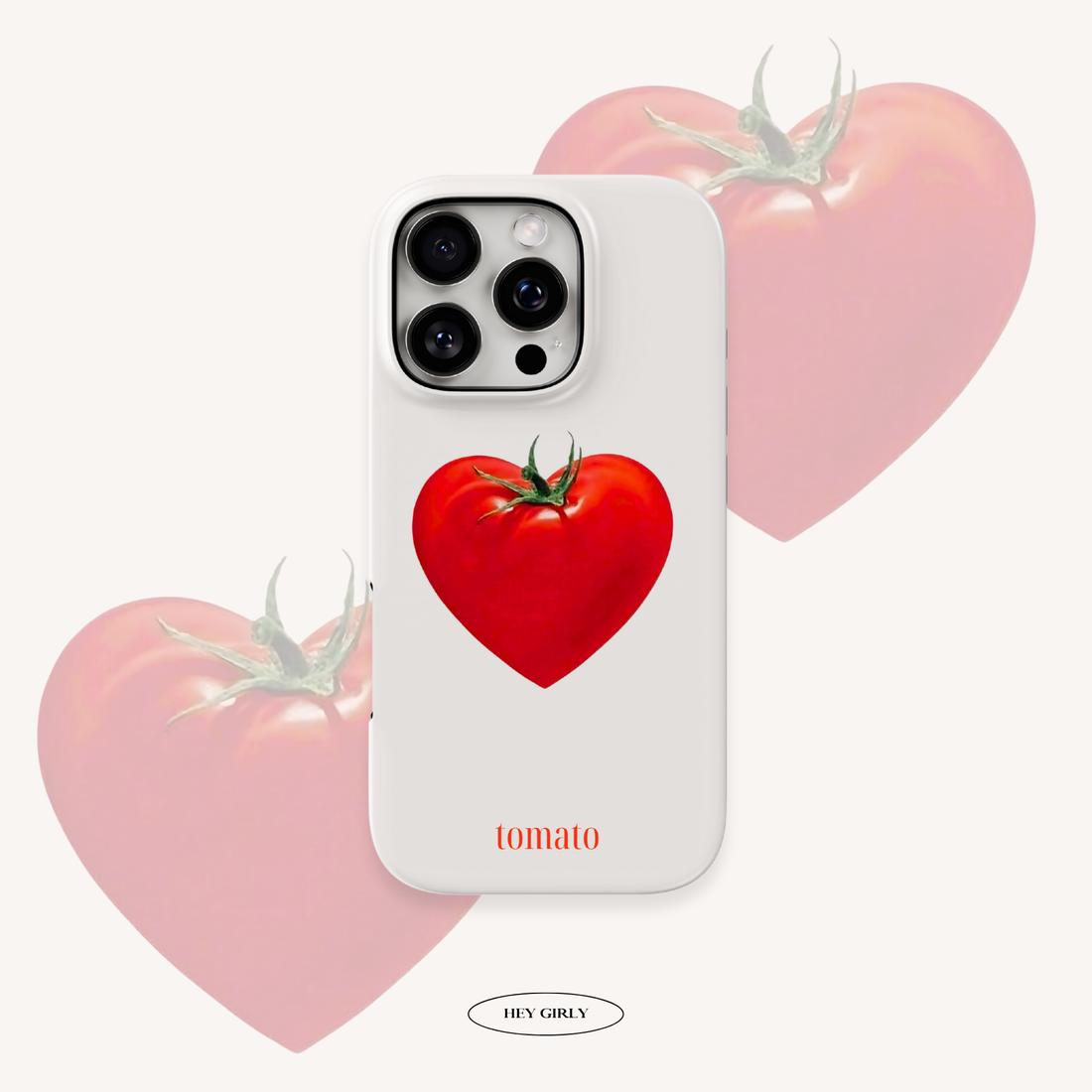 Phone case with a heart-shaped tomato design on a white background