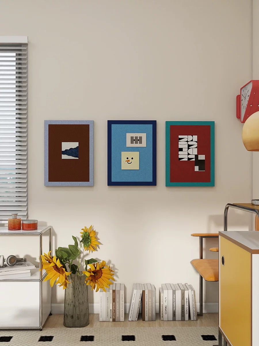 Three two-tone felt push pin boards styled as dopamine wall decor in a colorful living room.