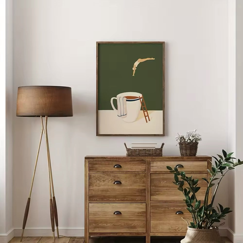 Retro Coffee Poster displayed in a modern kitchen setting, adding a vintage touch