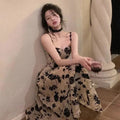 Vintage French Style Floral Strap Midi Dress for Women