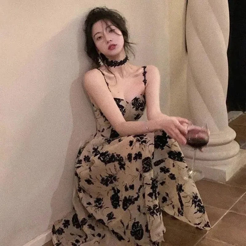 Vintage French Style Floral Strap Midi Dress for Women
