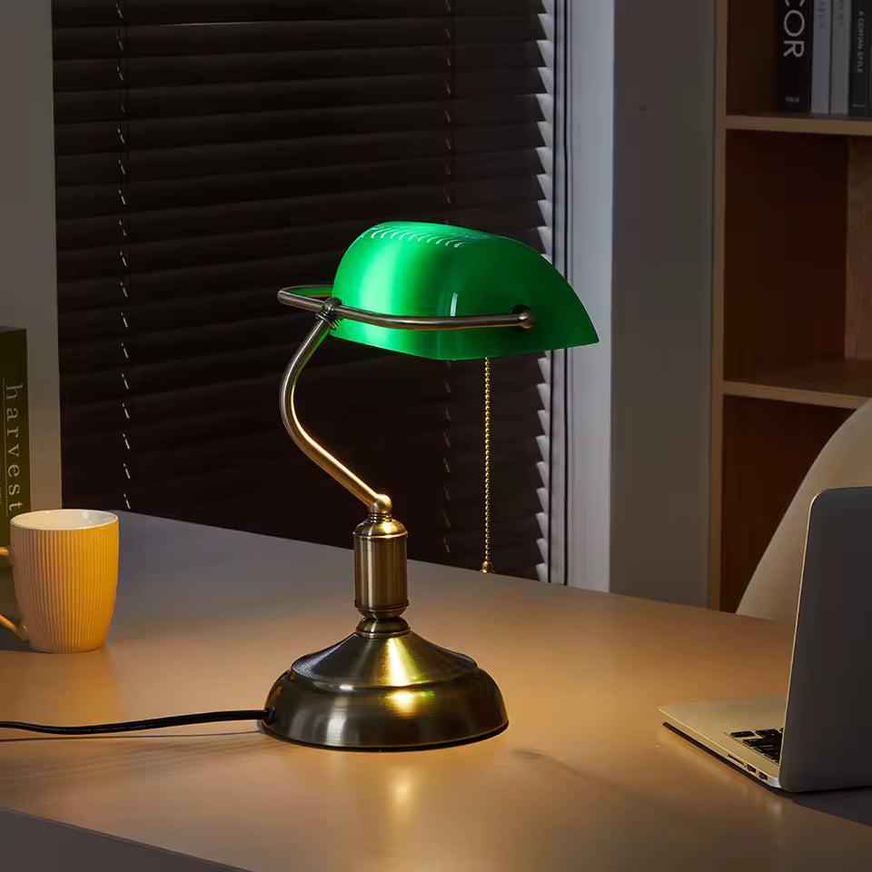 Vintage green desk lamp with emerald shade for dark academia rooms.