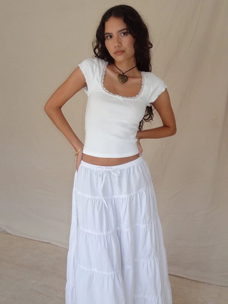 Vintage-inspired Y2K crop top with square collar. Knitted summer T-shirt with lace trim and aesthetic design.