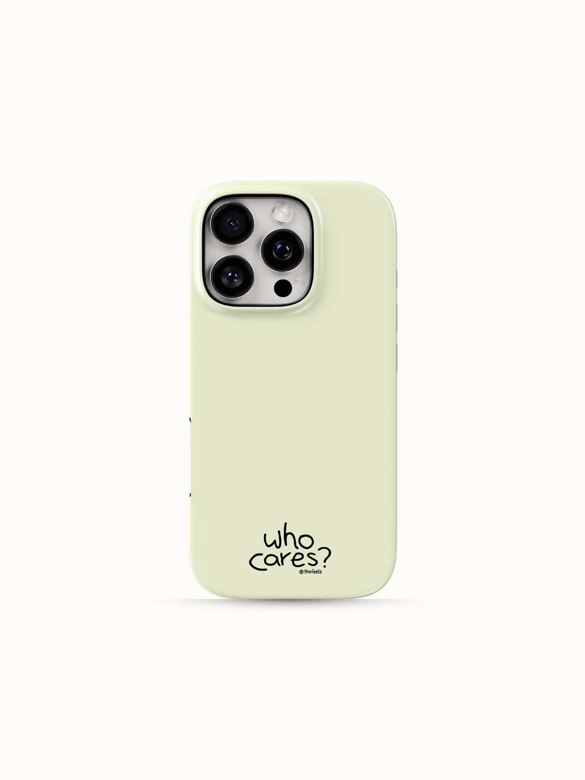 Butter yellow iPhone case with a tiny black who cares print near the bottom, back view