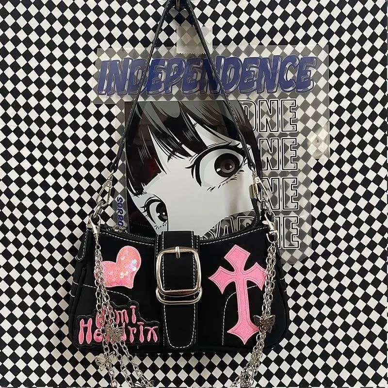 Y2K Black and Pink Shoulder Bag for Women