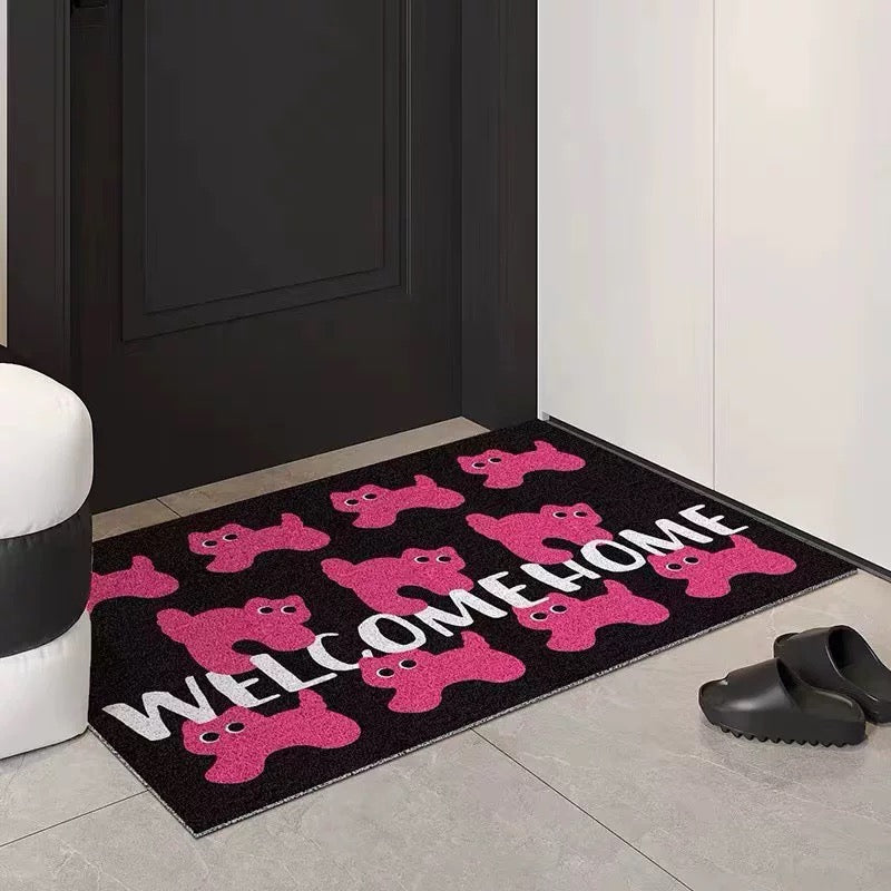 Y2K pink cat doormat with anti-slip rubber base for hallway and entry
