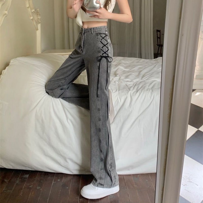 Y2K smoke gray denim pants with lace-up detail. High-waist wide-leg jeans perfect for chic Korean and Harajuku-inspired styles.