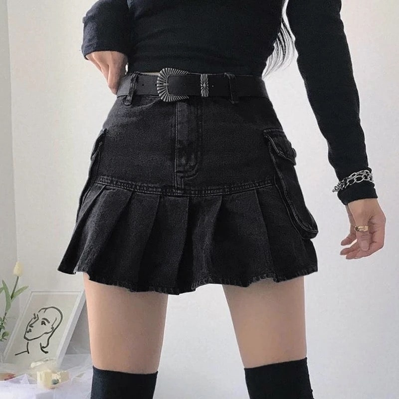 Y2K pleated denim skirt, high waist mini skirt for Gothic streetwear