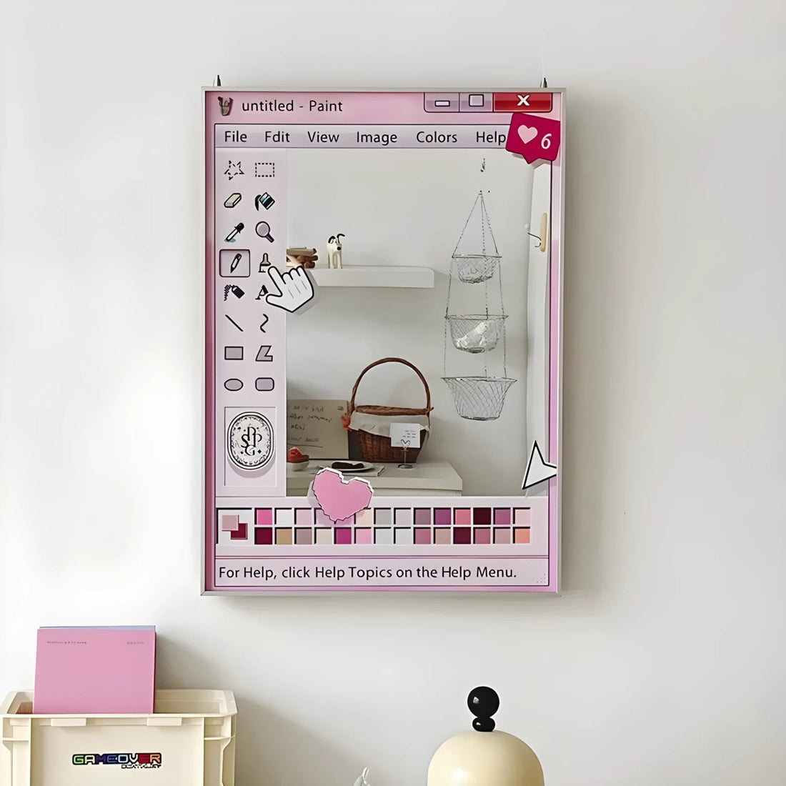 Rectangular wall mirror framed as a retro computer paint window with a color palette
